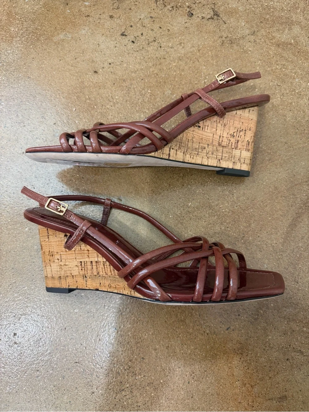 Tory Burch Multi Strap Wedge Sandals Cork Wedge Patent Leather Size 7.5